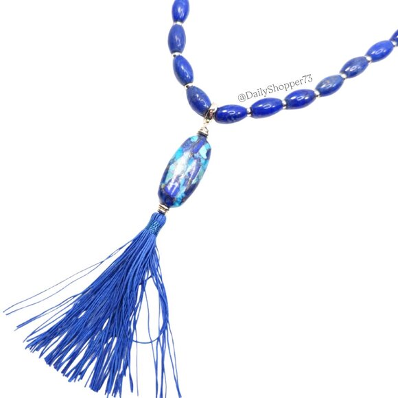 Kendra Scott Blue & Gold "Insley" Long Stone Pendant Tassel Necklace - Picture 11 of 11